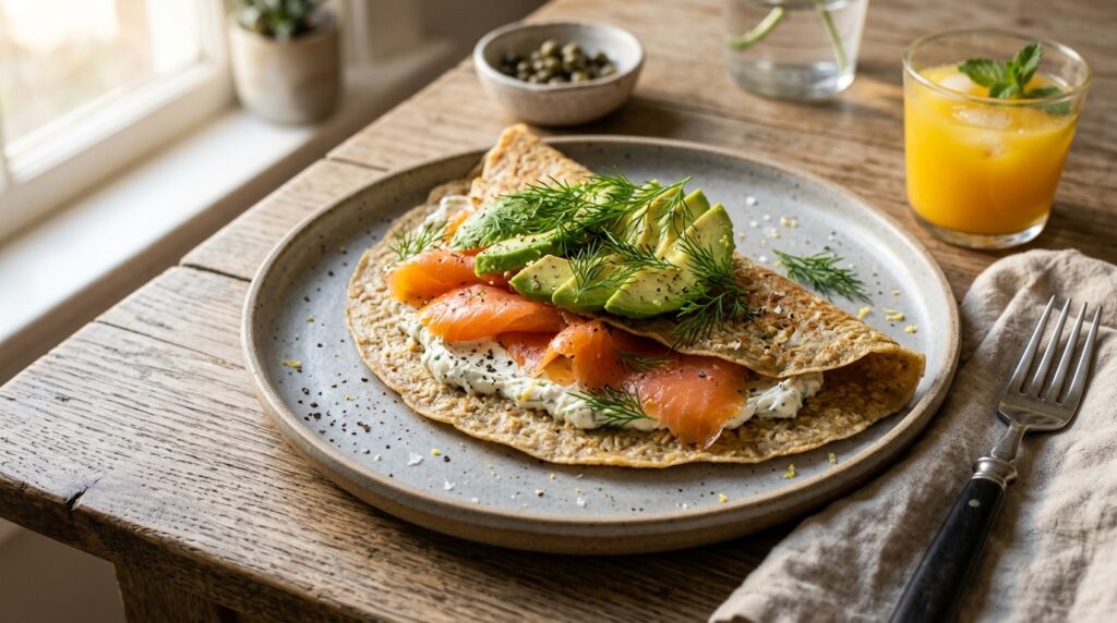 Oatmeal Crepe with Smoked Salmon, Cream Cheese & Avocado