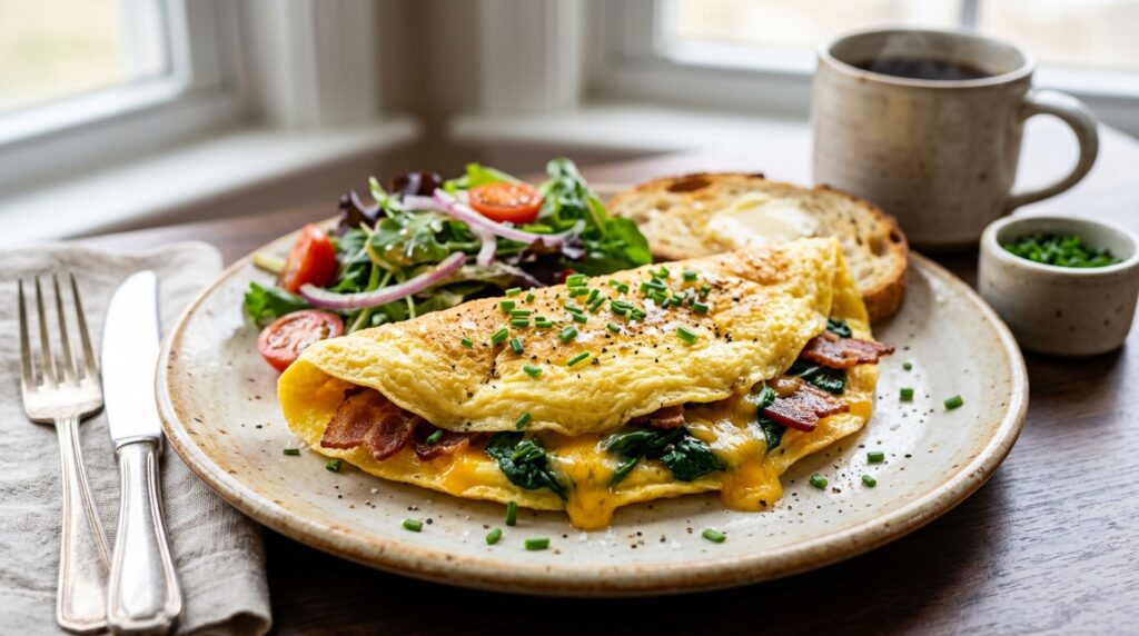 Omelete Enrolada com Bacon de Peru, Espinafres e Cheddar