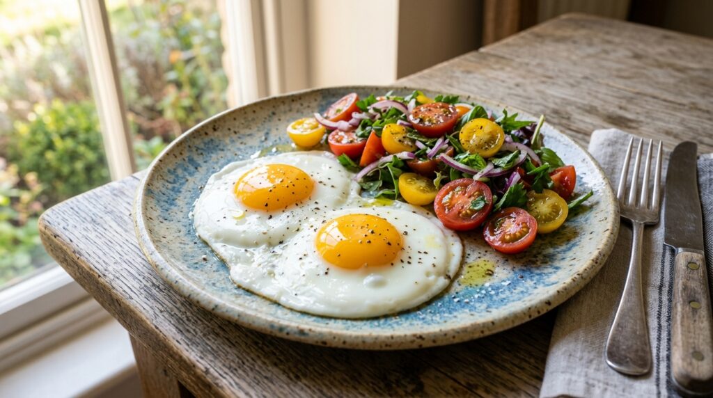 Huevos a la Plancha Clásicos con Ensalada de Tomate y Hierbas