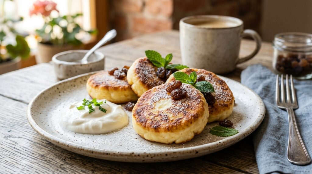 Traditionelle Quark-Syrniki mit Rosinen