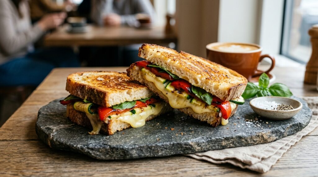 Warmer Vollkorn-Toast mit Grillgemüse und geschmolzenem Käse